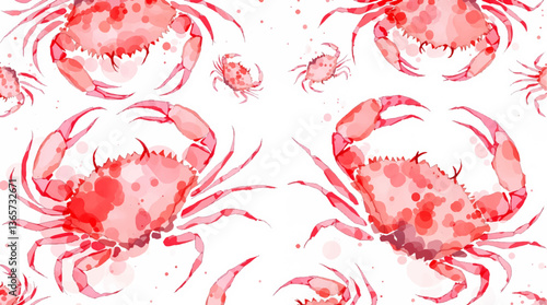 Seamless pattern with red crab in watercolor style on white background