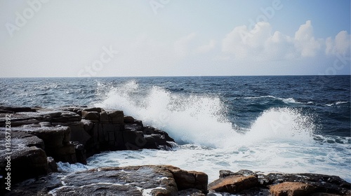 Waves crashing on rocky shoreline coastal area nature landscape serene environment seaside viewpoint