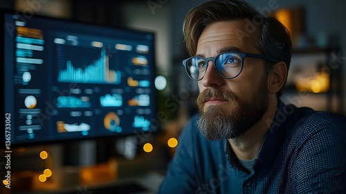 A digital marketer analyzing data on a large screen in a tech-filled office, with infographics and metrics on online store performance