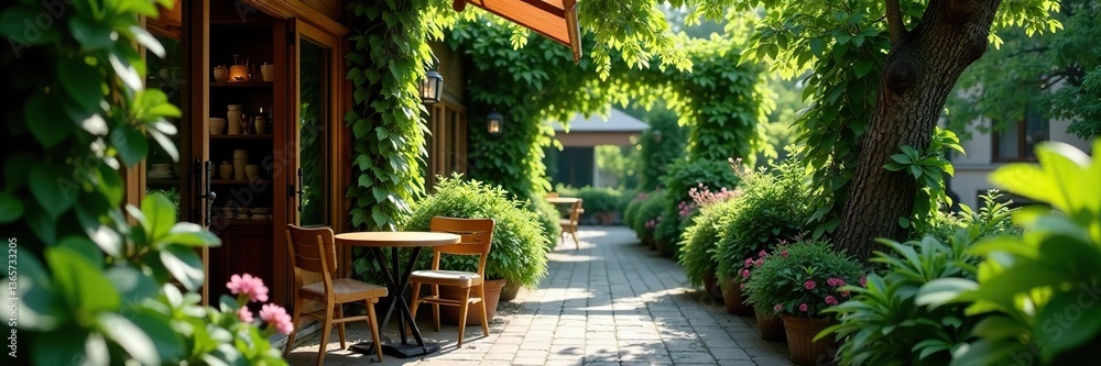 Fototapeta premium lush greenery adorning a cozy outdoor cafe setting, green, colorful
