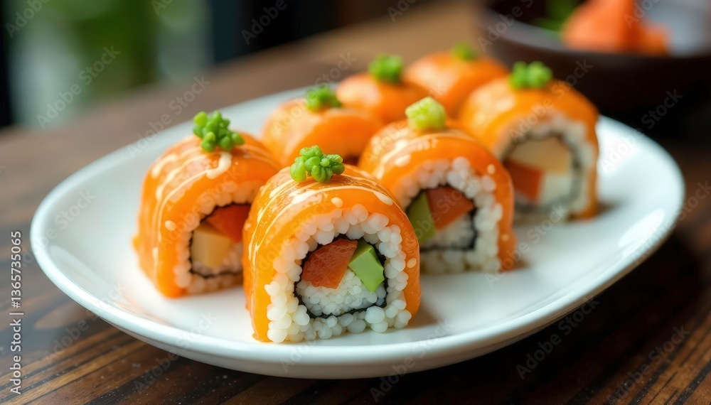 Various sushi rolls on a white plate, garnished with wasabi, japanese, clean, stock photo Various sushi rolls on a white plate, garnished with wasabi, japanese, clean, stock photo