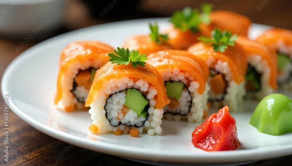 Various sushi rolls on white plate, soy sauce, wasabi, image, culinary Various sushi rolls on white plate, soy sauce, wasabi, image, culinary