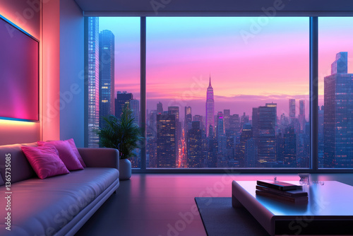 Wallpaper Mural modern apartment interior features panoramic city view at sunset, with neutral palette and vibrant lighting. cozy setting includes sofa and coffee table, creating serene atmosphere Torontodigital.ca