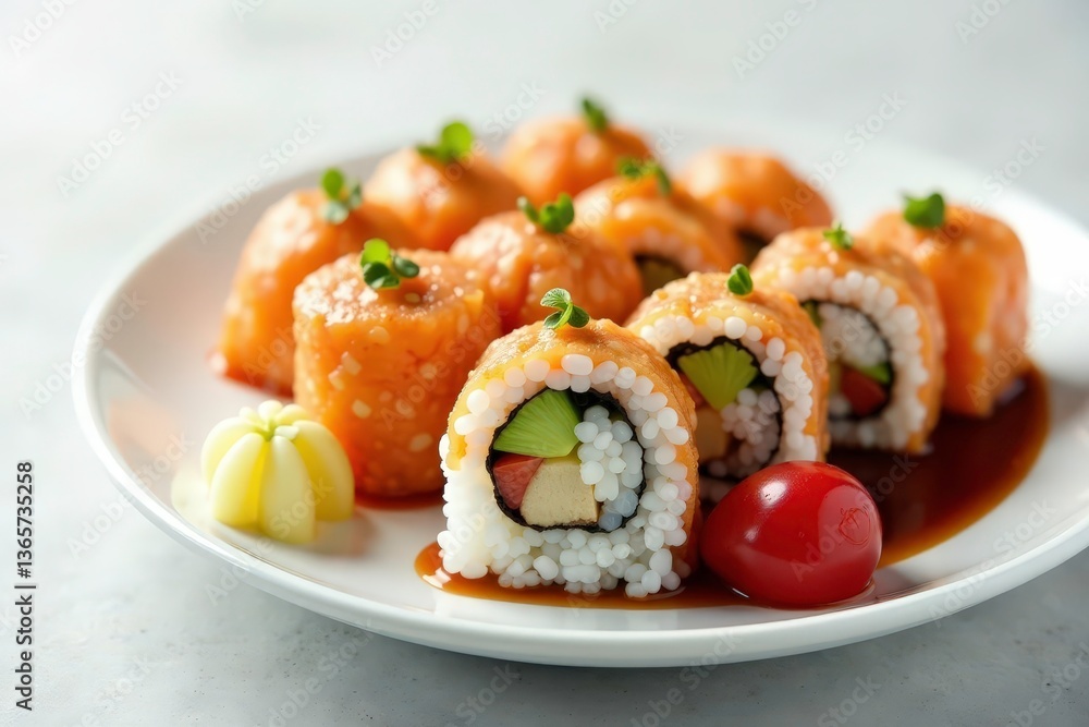 Various sushi rolls, soy sauce, wasabi, ginger, diet, fresh Various sushi rolls, soy sauce, wasabi, ginger, diet, fresh
