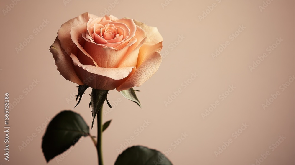 Fototapeta premium Delicate Pink Rose Blossom on Minimalist Background with Soft Natural Lighting and Green Leaves