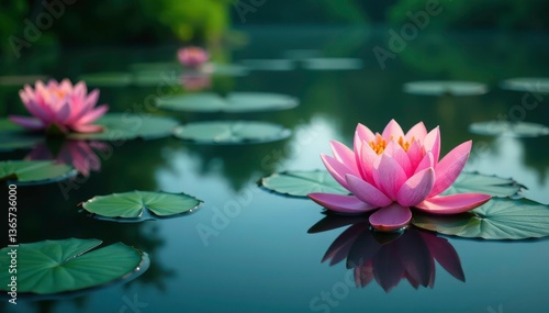 Water lilies create a floral pattern on tranquil lake, environment, calm