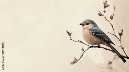 Elegant small bird perched on branch with soft pastel background showcasing nature's beauty and tranquility