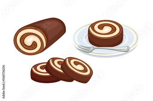 Chocolate roll cake on a plate with a fork vector illustration. Chocolate roll icon set vector isolated on a white background. Brown chocolate rolls cake drawing