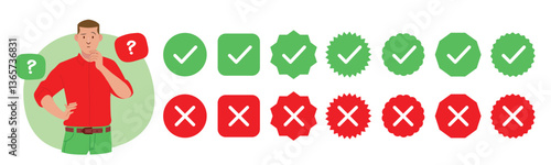 Check mark icon illustrate with right or wrong icons, green tick and red cross checkmarks, yes or no sign, true or false icon and approved or rejected icon. Flat vector illustration.