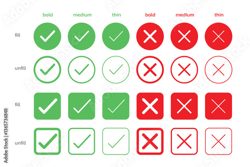 Check mark icon illustrate with right or wrong icons, green tick and red cross checkmarks, yes or no sign, true or false icon and approved or rejected icon. Flat vector illustration.
