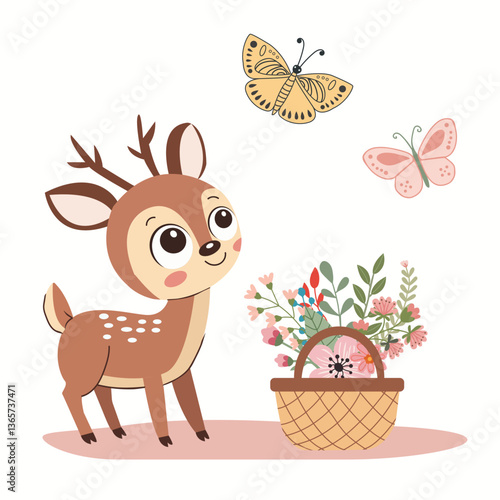 Spring card with deer and a basket of spring flowers.