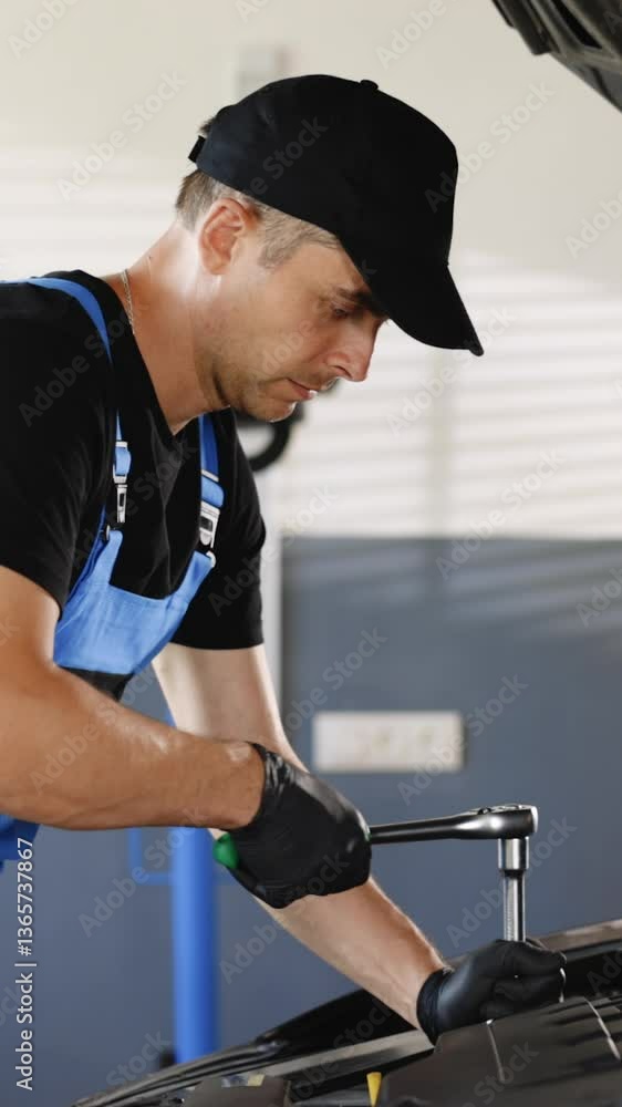 Vertical Video of Car mechanic using wrench to repair the engine, car service. Auto service. Male mechanic is working in car service. Man is working on an usual car maintenance. He's using ratchet Vertical Video of Car mechanic using wrench to repair the engine, car service. Auto service. Male mechanic is working in car service. Man is working on an usual car maintenance. He's using ratchet