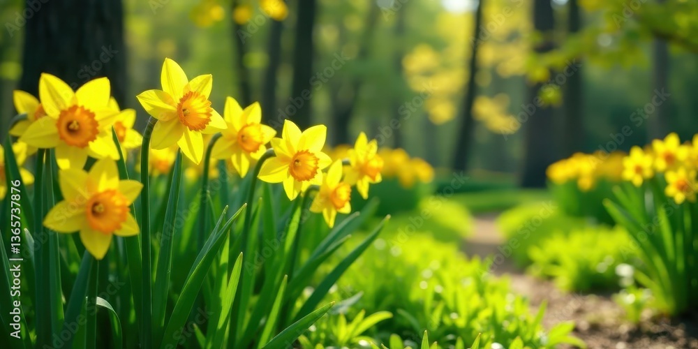 Obraz premium Sunlit Daffodils Blooming in a Verdant Meadow Path, a Vibrant Spring Landscape