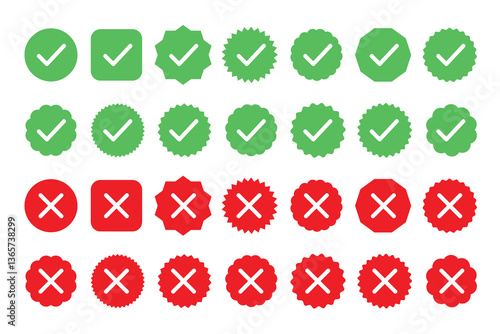 Check mark icon illustrate with right or wrong icons, green tick and red cross checkmarks, yes or no sign, true or false icon and approved or rejected icon. Flat vector illustration.