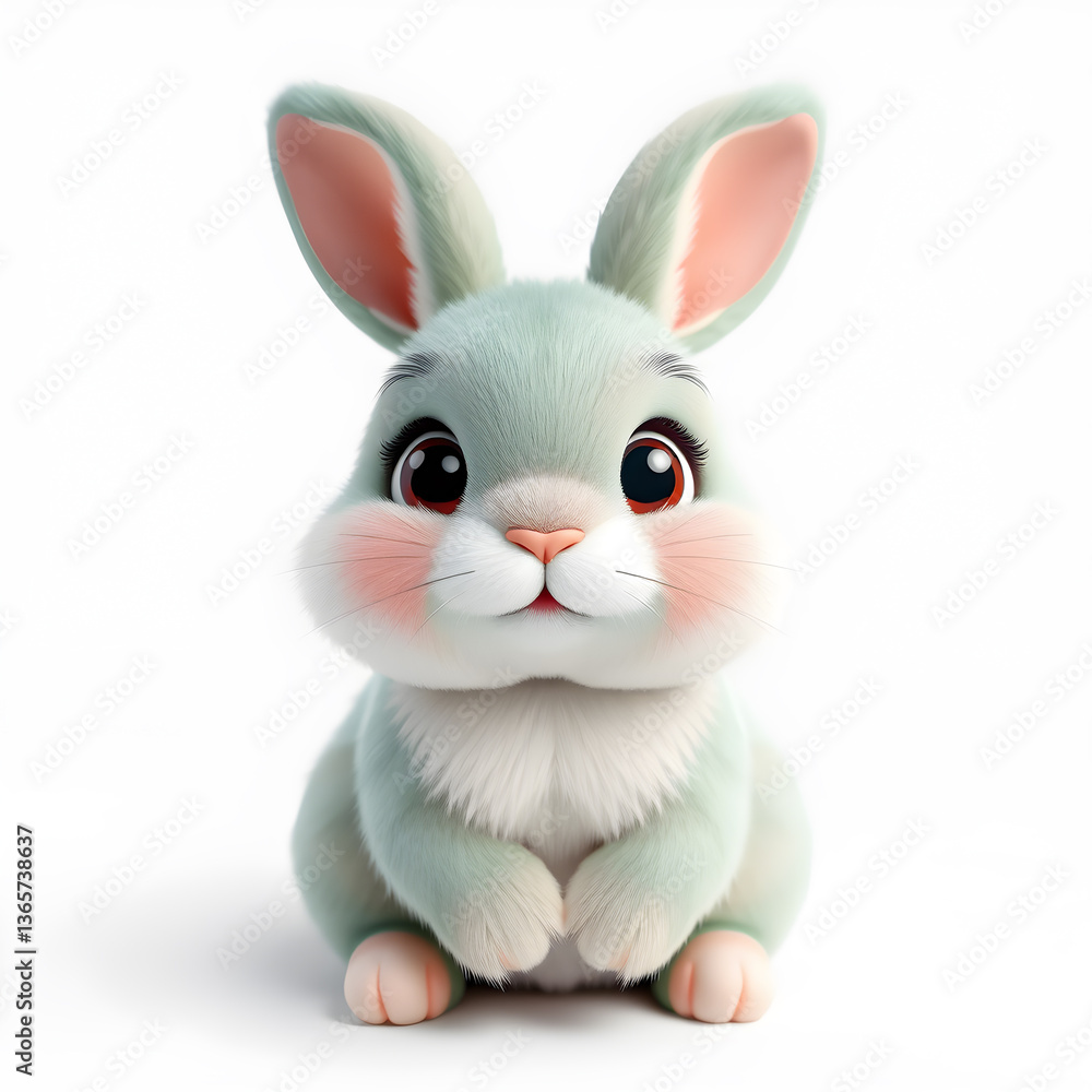 Obraz premium Rabbit – 3D baby rabbit, soft fur, chubby cheeks, big eyes, pastel green and lilac tones, white background. Generative AI