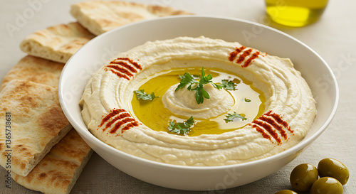 Traditional Hummus with Olive Oil and Pita Bread