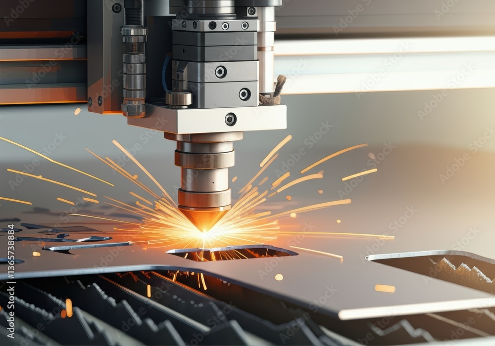 Laser cutting machine creating sparks while processing metal sheet Laser cutting machine creating sparks while processing metal sheet