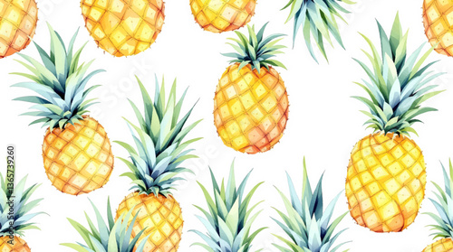 Vibrant watercolor pineapple pattern on a clean white background