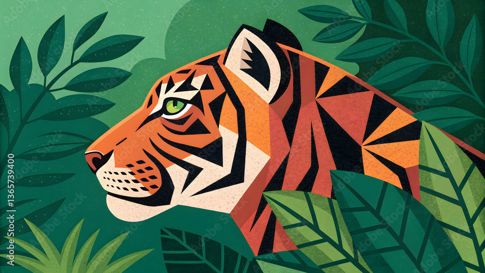 Fototapeta premium digital illustration of a tiger with tropical leaves 