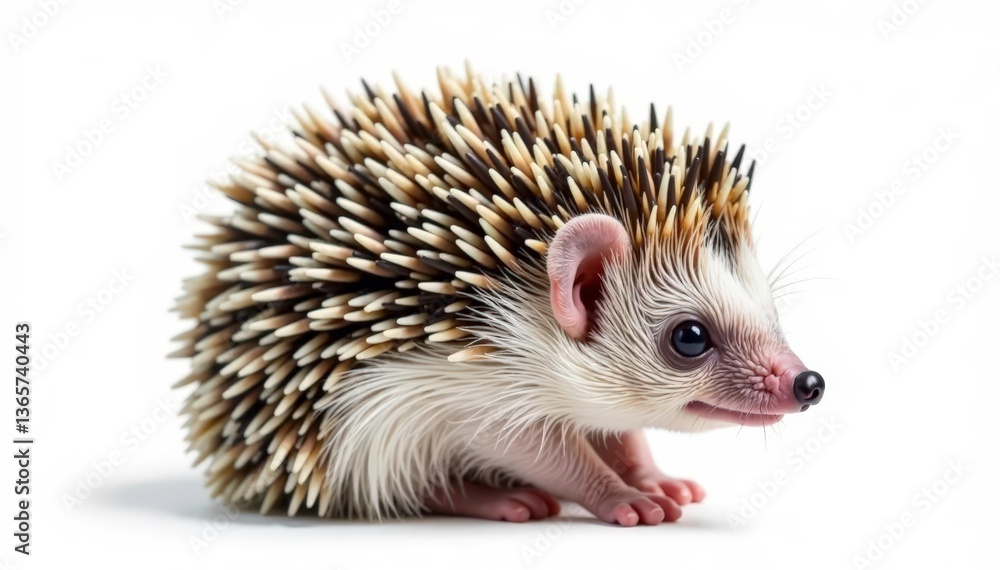 Obraz premium Tiny hedgehog, curled into a ball, isolated on pure white background, pet, nature photography