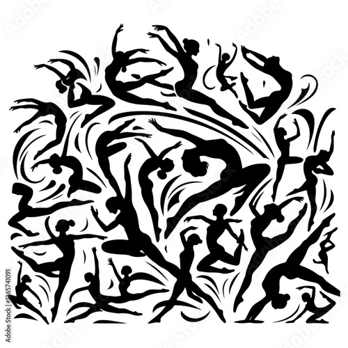 A stylish composition of multiple gymnastic silhouettes, arranged artistically to form a cohesive and visually striking design