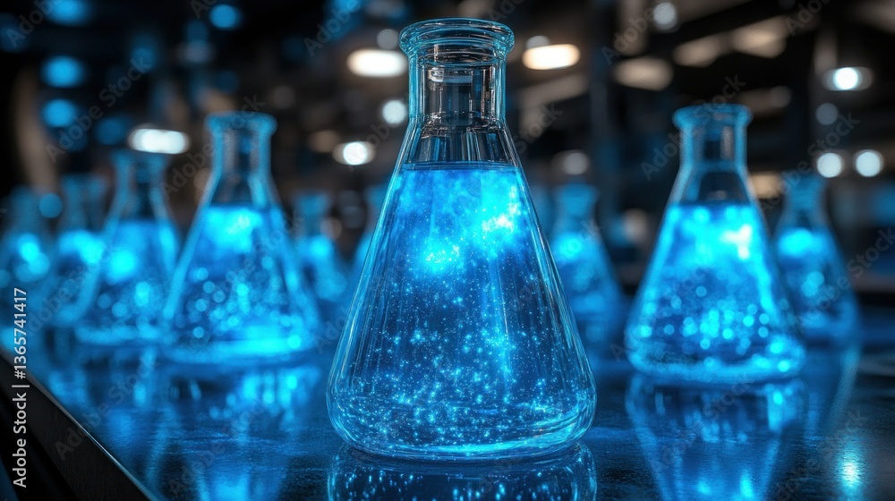 Illuminated lab beakers filled with glowing blue liquid Illuminated lab beakers filled with glowing blue liquid