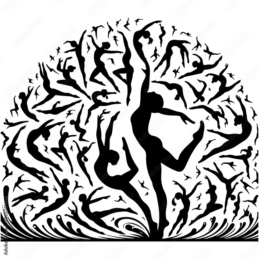 Naklejka premium A well-arranged artistic composition of multiple gymnast silhouettes, creating a stunning pattern or scene representing the beauty of gymnastics.