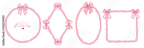 Set of elegant whimsical hand drawn pink color geometric frames with wavy squiggle curly ribbons in trendy, vintage styles. Perfect for quirky holiday, wedding, birthday gift decorations. Vector