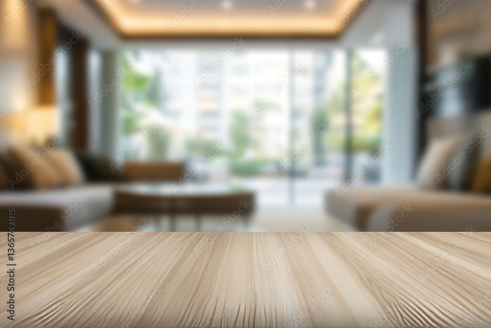 Contemporary living room with blurred interior background and wooden table in focus Contemporary living room with blurred interior background and wooden table in focus