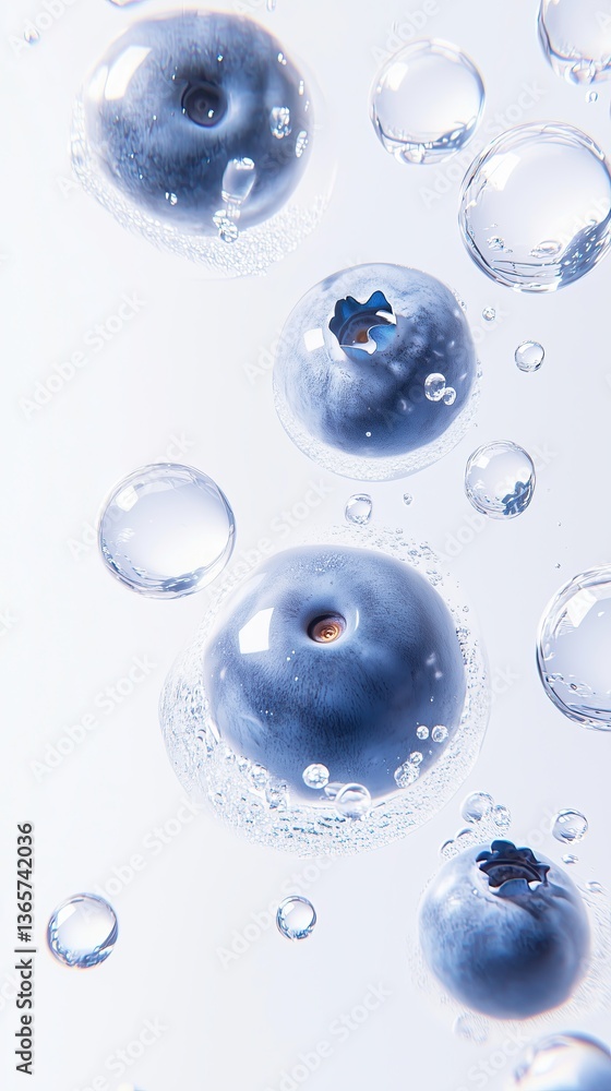 Blueberries floating in clear water with bubbles on white background, symbolizing freshness, health and purity Blueberries floating in clear water with bubbles on white background, symbolizing freshness, health and purity