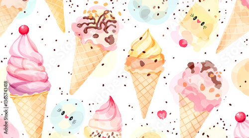 Watercolor pattern ice cream white background vector	