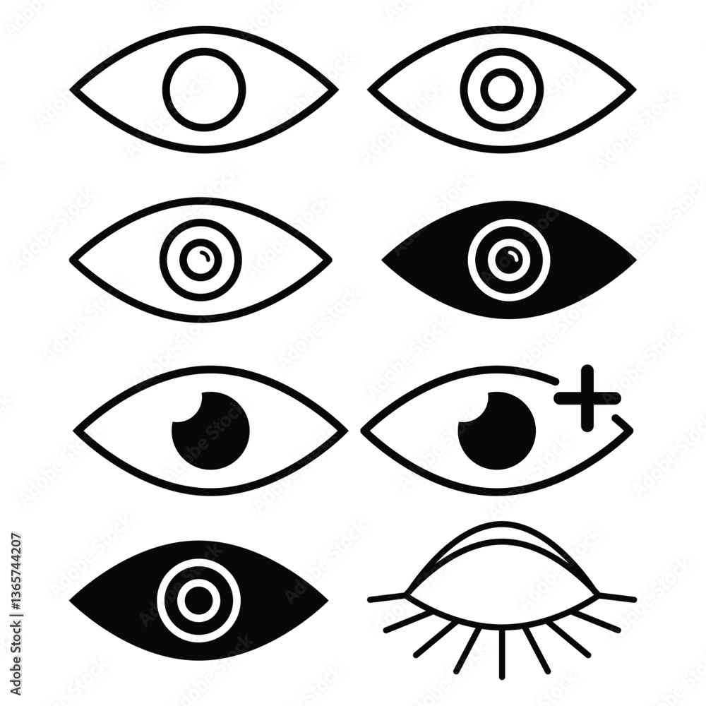 Eye icon collection with various style. Outlined, black, flat open close eye with plus sign symbol collection. Hide and show password icons illustration. Eye icon collection with various style. Outlined, black, flat open close eye with plus sign symbol collection. Hide and show password icons illustration.