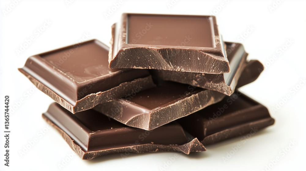 A stack of rich dark chocolate squares, glossy surface reflecting light on a white background. A stack of rich dark chocolate squares, glossy surface reflecting light on a white background.