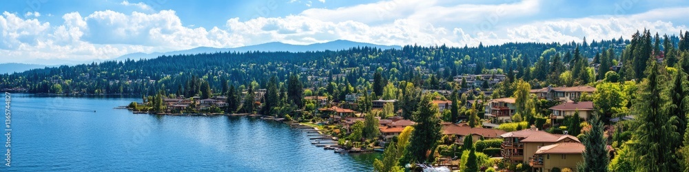 Lake Sammamish Panoramic Landscape View in Sunny Bellevue, Washington