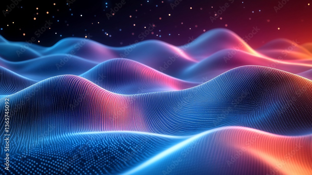 Fototapeta premium Abstract Digital Landscape: Glowing Neon Waves