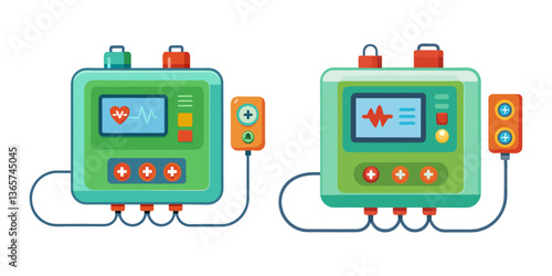 Defibrillator with electrodes, emergency-ready, white background.