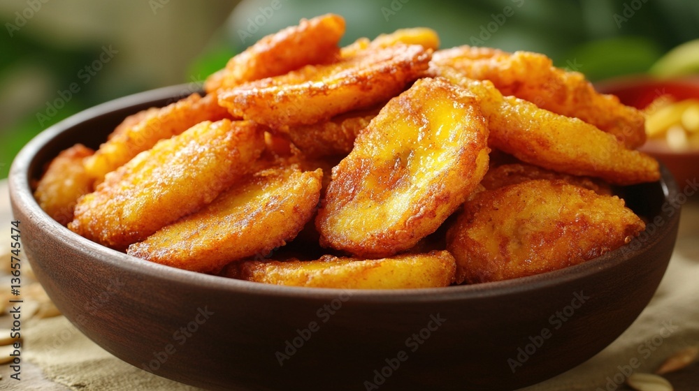 Golden fried banana slices in a bowl. Golden fried banana slices in a bowl.