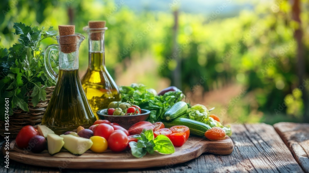 Mediterranean Diet Feast with Fresh Vegetables and Olive Oil, Symbolizing Healthy Living Mediterranean Diet Feast with Fresh Vegetables and Olive Oil, Symbolizing Healthy Living