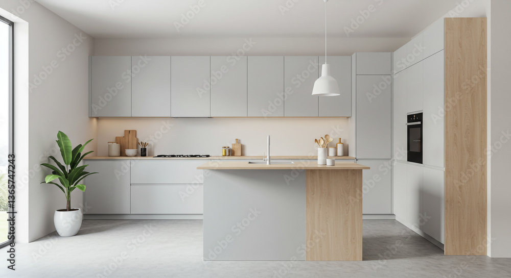 A serene minimalist kitchen design featuring light grey cabinets and a warm wood island, illuminated by soft pendant lighting creating a tranquil atmosphere. A serene minimalist kitchen design featuring light grey cabinets and a warm wood island, illuminated by soft pendant lighting creating a tranquil atmosphere.