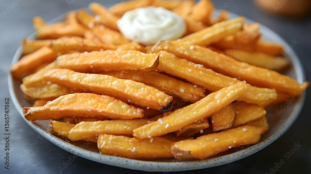Delicious kumara fries served with creamy dipping sauce on a plate Delicious kumara fries served with creamy dipping sauce on a plate