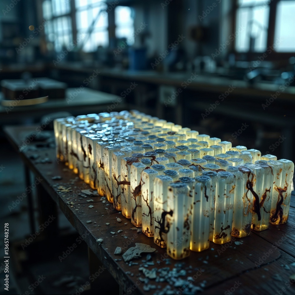 Glowing Scientific Samples. Translucent cylindrical glass containers with intricate organic patterns illuminated in a dimly lit laboratory setting.