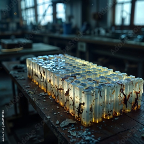 Obraz na płótnie Glowing Scientific Samples. Translucent cylindrical glass containers with intricate organic patterns illuminated in a dimly lit laboratory setting. w salonie