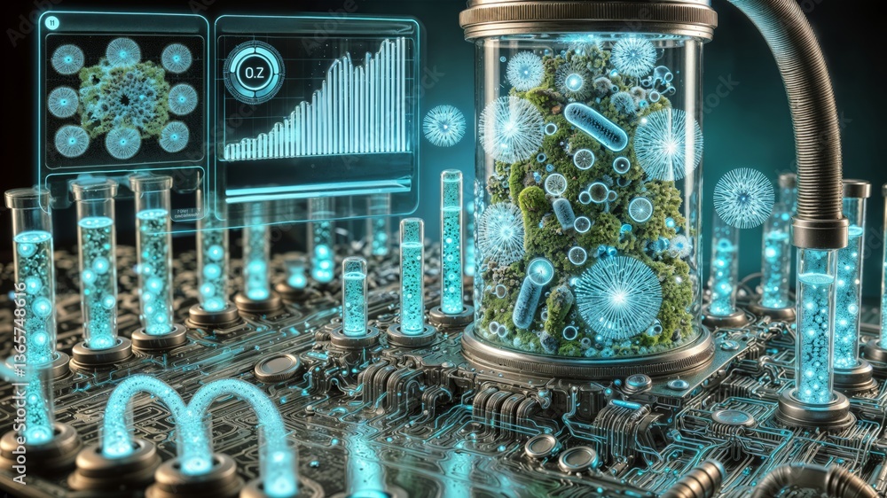 Futuristic bio lab research. Advanced laboratory setup with glowing tubes, petri dishes and digital displays showing scientific data.