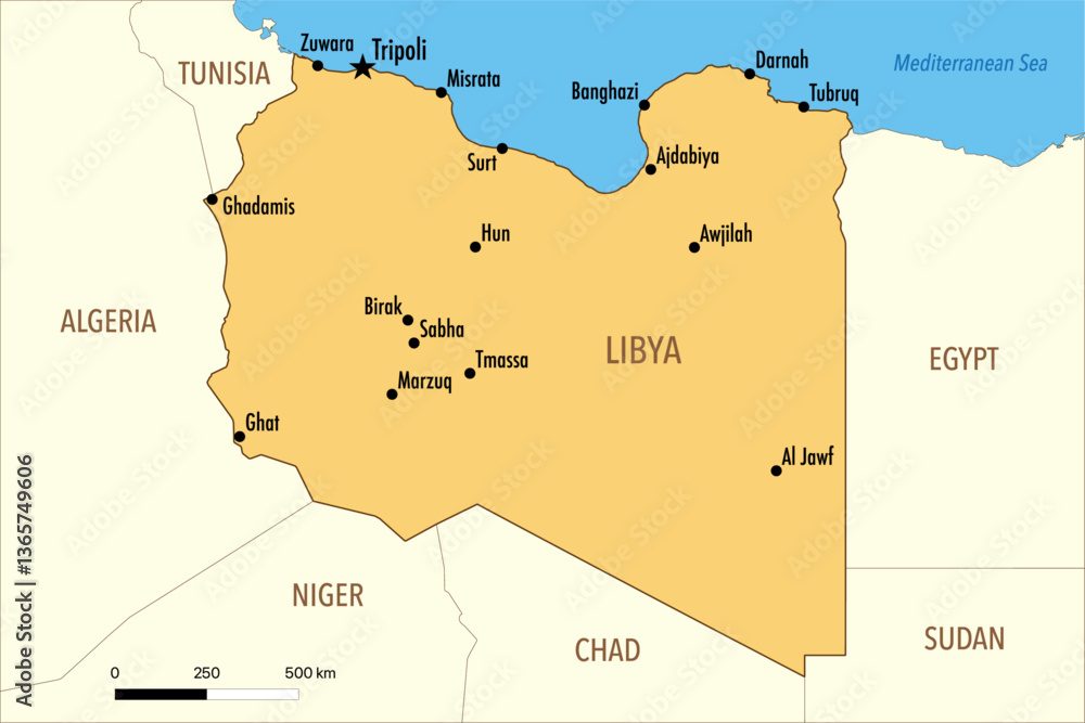 Fototapeta premium Vector Map of Libya with Major Cities and Neighboring Countries – Editable Infographic