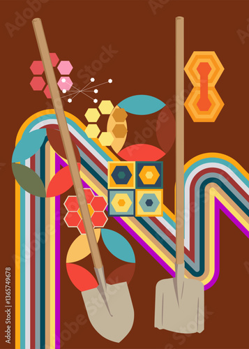 Retro 70s Background with Spade, Shovel. Groovy Agriculture 1970s art template. Minimalistic Vintage design poster. Old-fashioned color artwork.