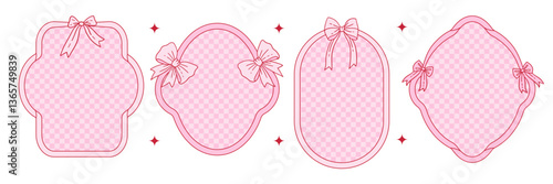 Frames set of coquette pretty charming pink bows and ribbons. Hand drawn trendy ribbons border with groovy checkered background. Vintage bowknots frame for greeting cards, wedding, invitations. Vector