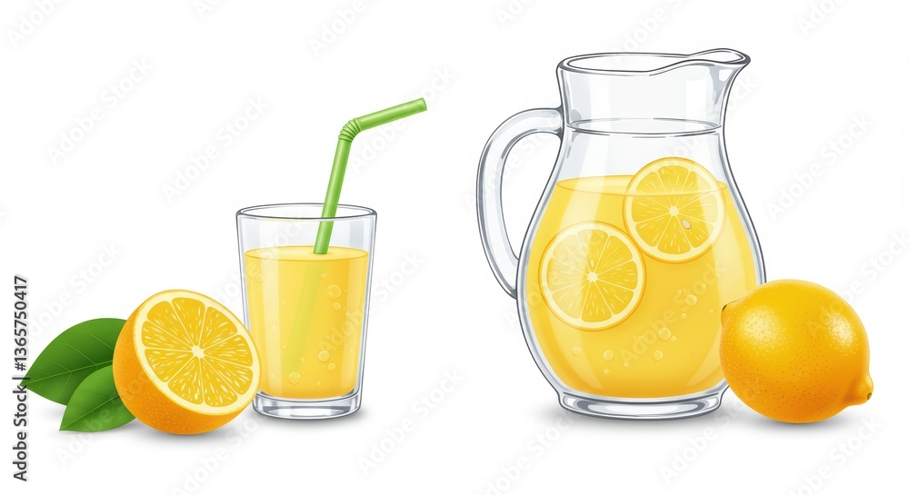 Fototapeta premium Freshly Squeezed Lemonade in Glass and Pitcher with Lemon Slices