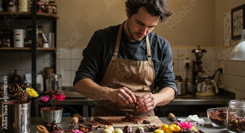 Artisan chocolatier skillfully crafting gourmet chocolates in a cozy kitchen filled with vibrant ingredients