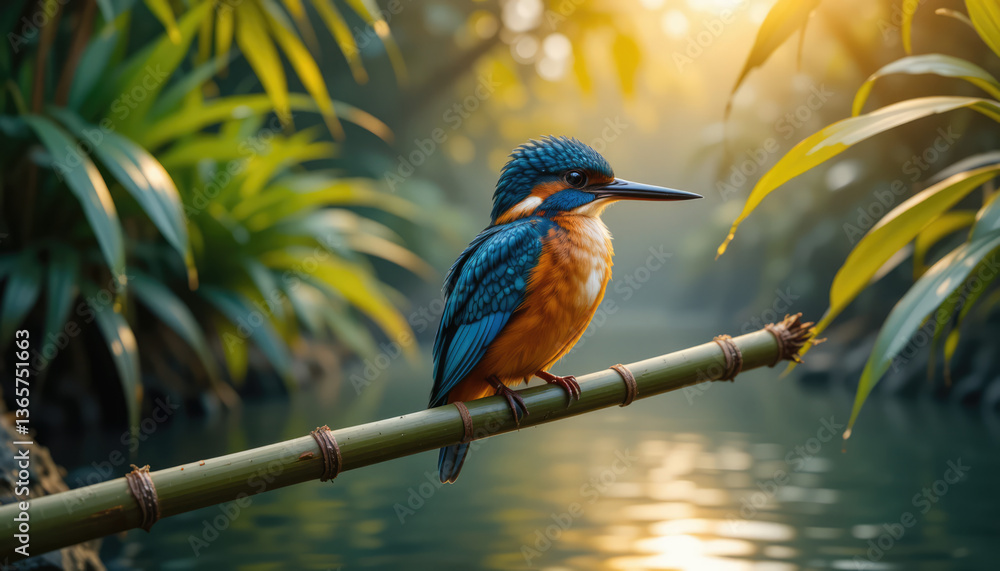 Fototapeta premium Colorful Kingfisher with Shimmering Feathers Resting on a Tropical Branch