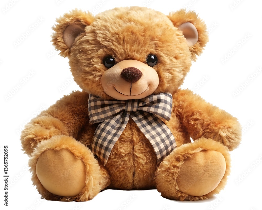 Fototapeta premium Fluffy brown teddy bear sitting on a white background, soft and cute plush toy, isolated and perfect for childhood memories and gifts